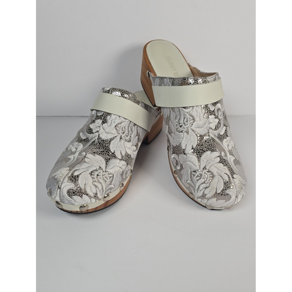 NWOT Johnny Was Dormi White Lace Floral Metallic Clog Mules Wood Heel Size 39